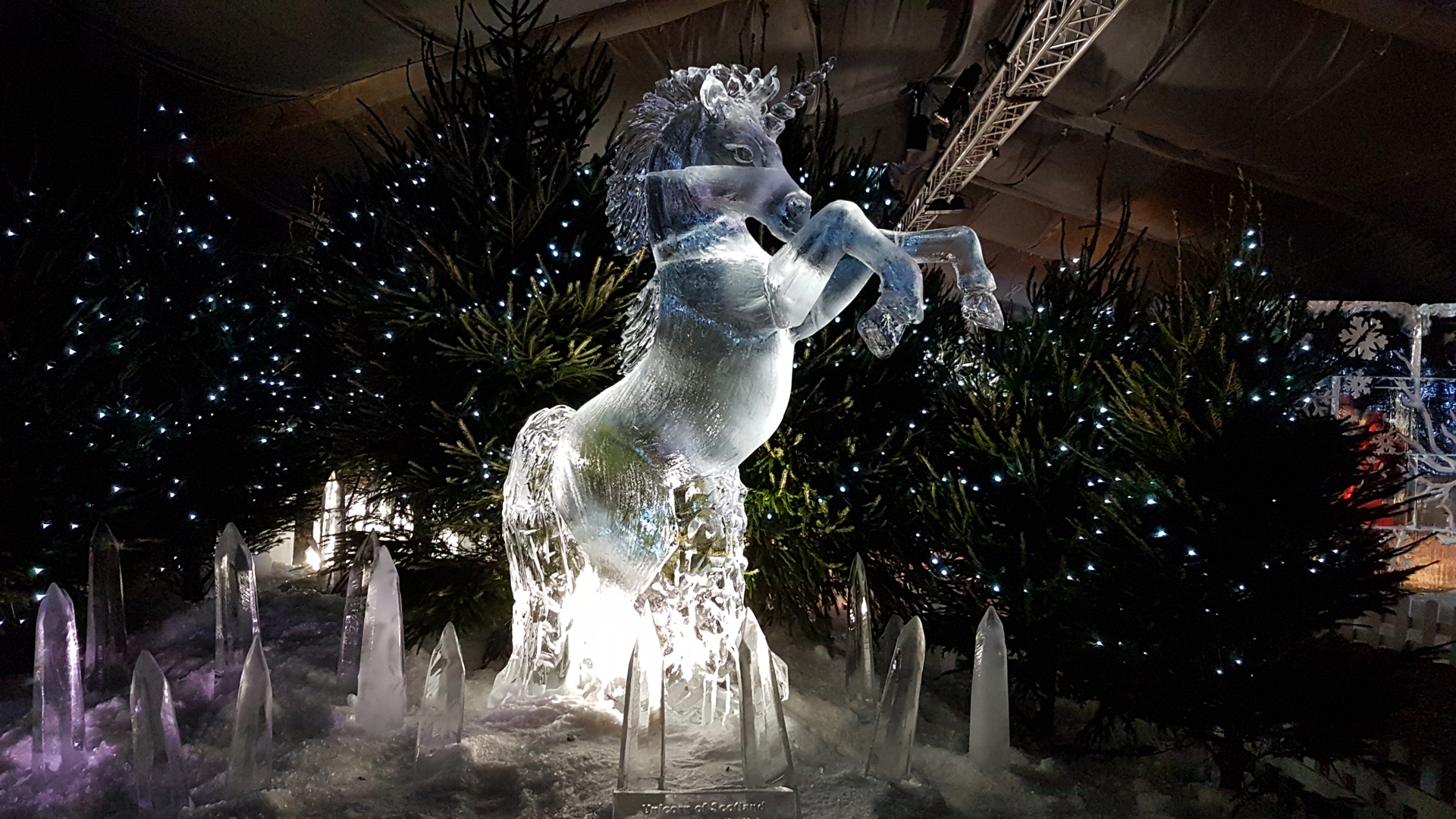 Unicorn ice sculpture at the Ice Adventure at Edinburgh's Christmas