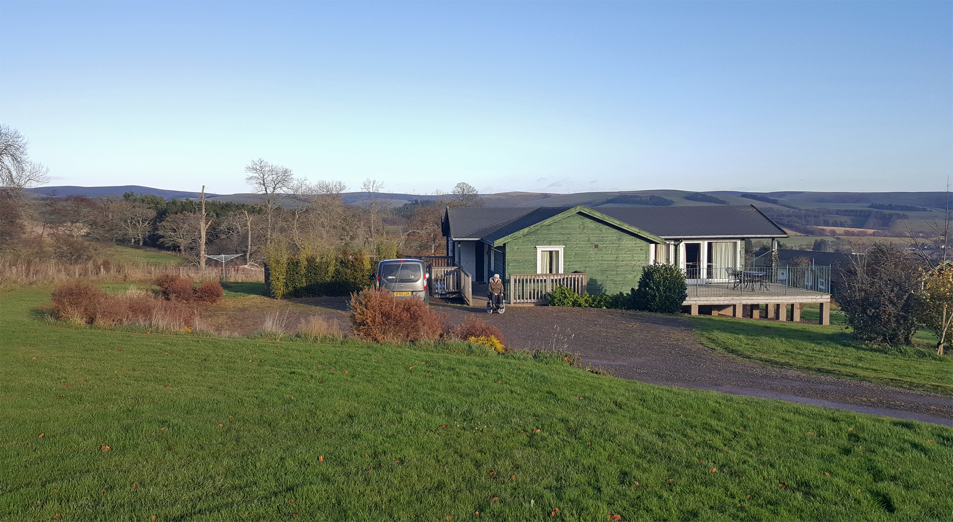 The Ramsay lodge at Airhouses Luxury Lodges in Scottish Borders with beautiful views and surrounded by nature.