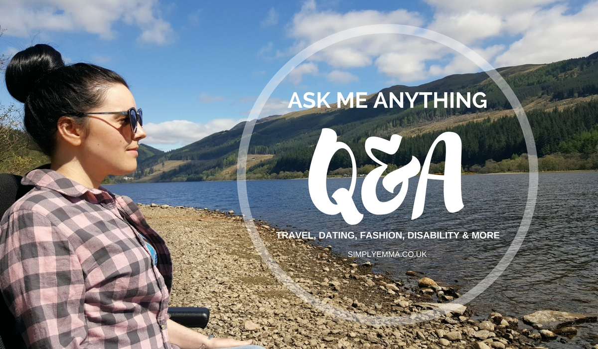 Emma sitting on the beach in her power wheelchair with text reading 'Ask Me Anything Q&A Part 1'