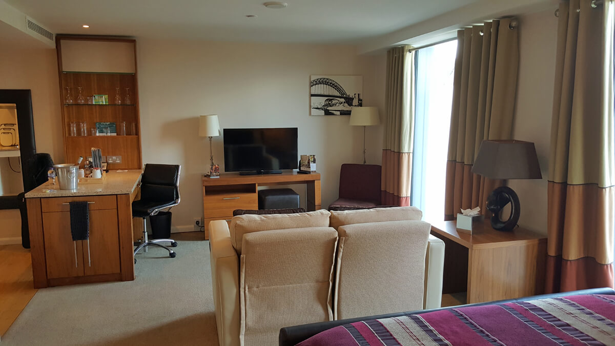 Staybridge Suites Newcastle Wheelchair access review - accessible suite with livingroom area and TV