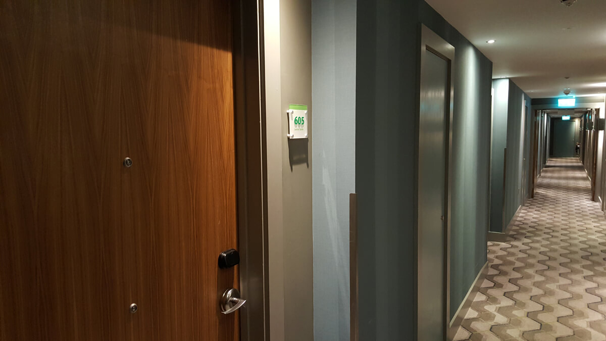 Holiday Inn Manchester City Centre Wheelchair Access Review - hotel hallway outside room 605