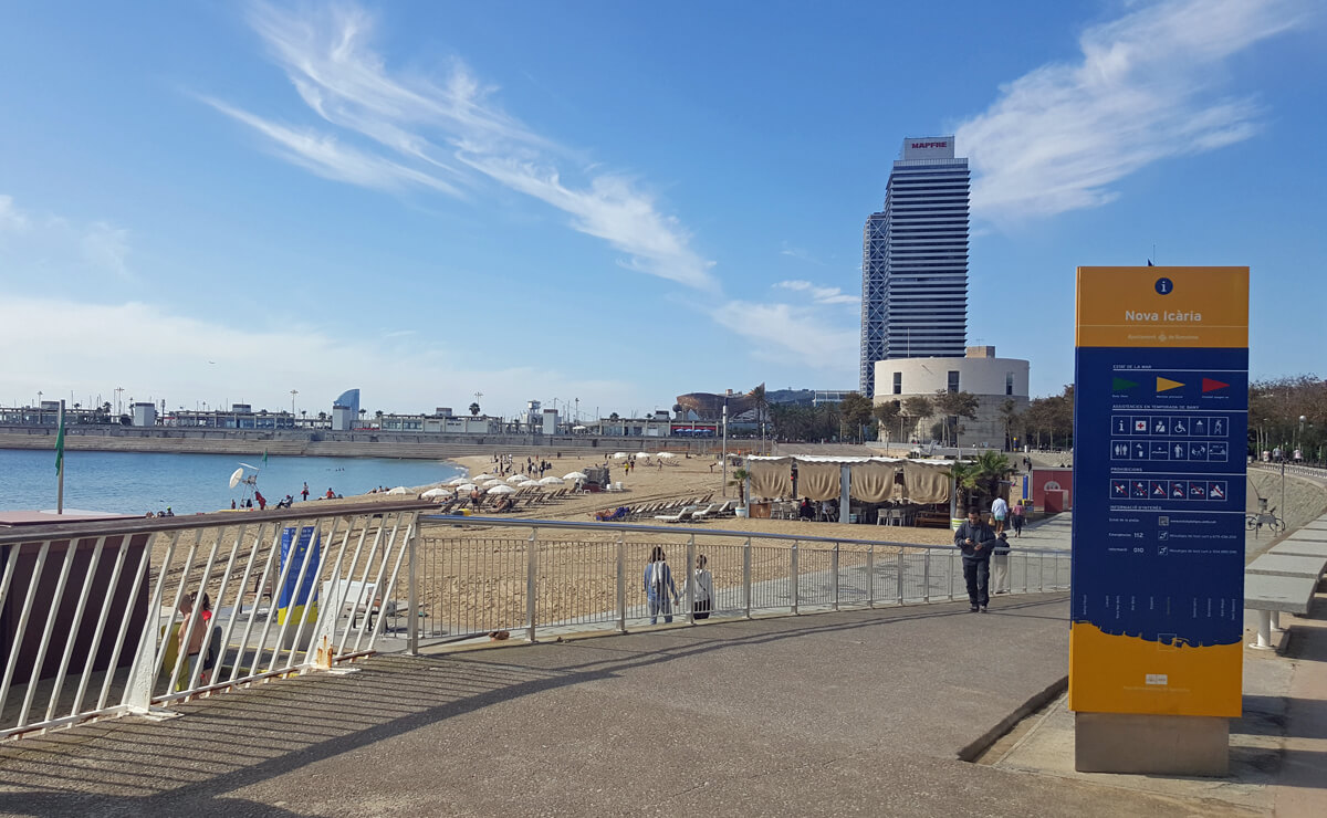 Wheelchair accessible ramp and paths on the promenade on Nova Icaria beach in Barcelona.