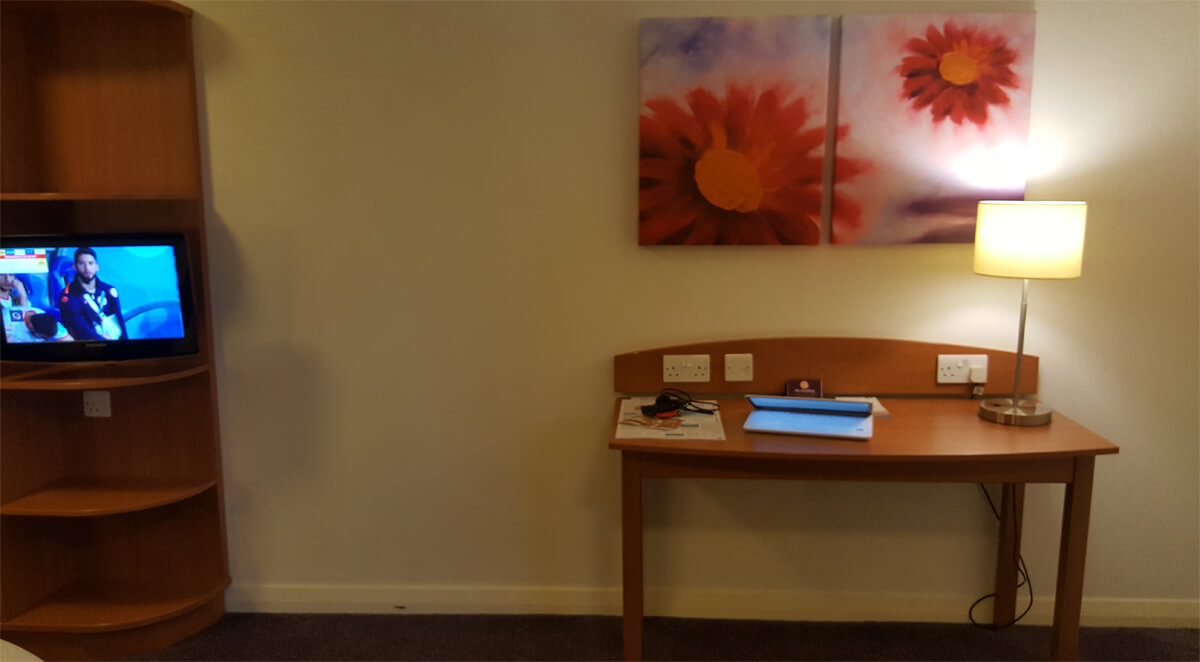 The work desk with a canvas print of flowers above the desk.