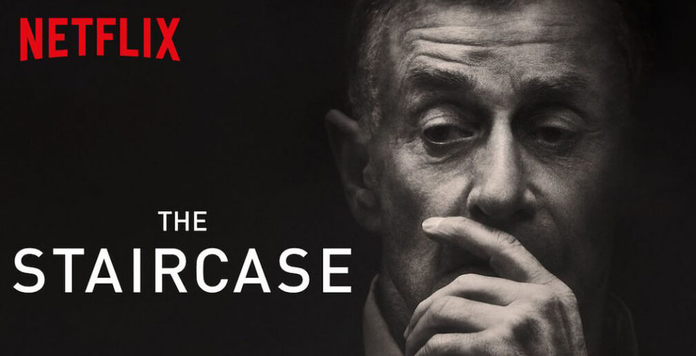 Things I've Loved in June: A photo of Michael Peterson with a black background with the words 'The Staircase' and 'Netflix'.