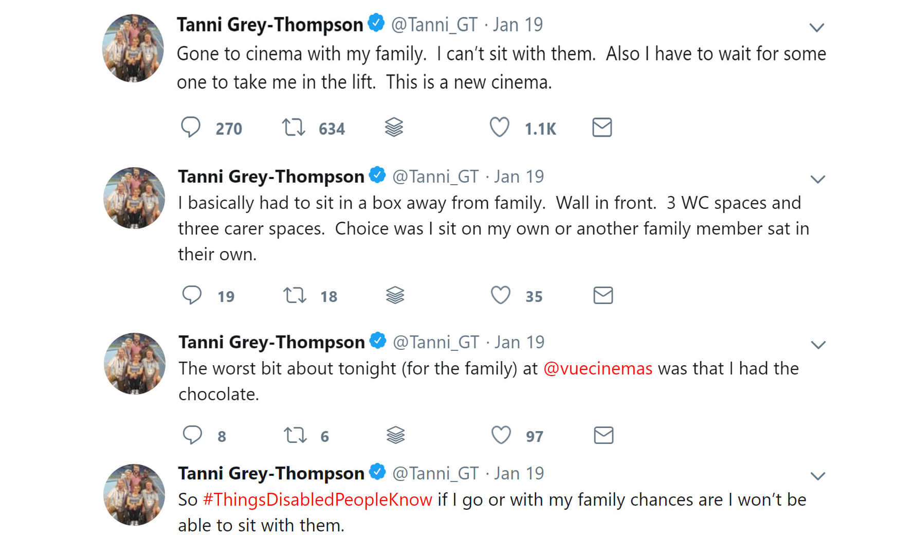 Screenshots of Tanni Grey-Thompson tweets about her experience at Vue Cinemas when she couldn't sit with her family.