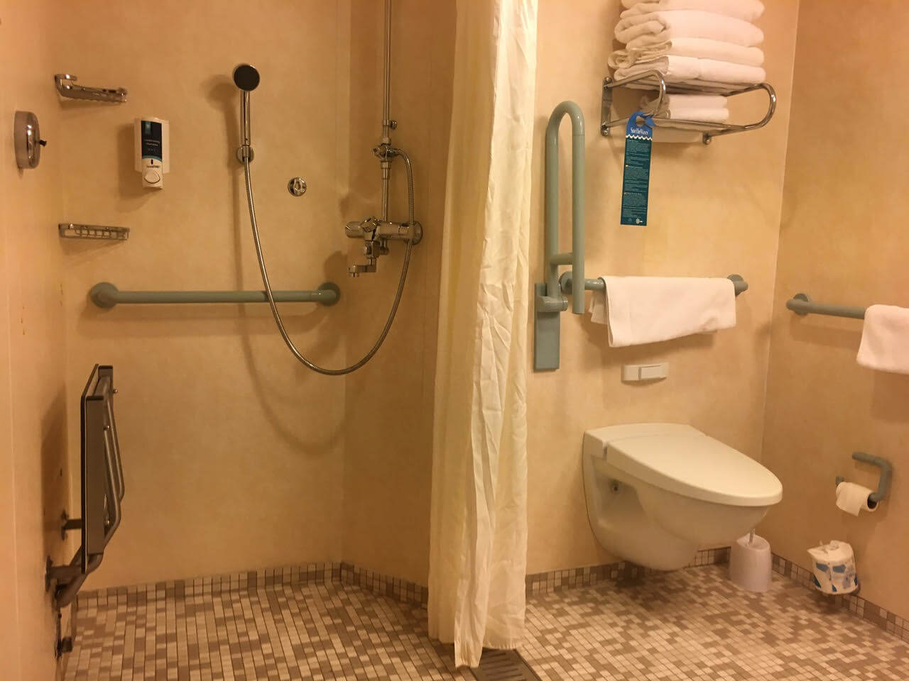 The en-suite bathroom in the wheelchair accessible cabin on Royal Caribbean Cruise.