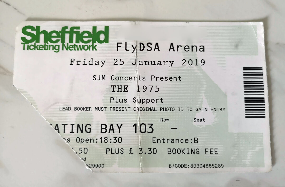 The 1975 gig ticket for FlyDSA Arena Sheffield.
