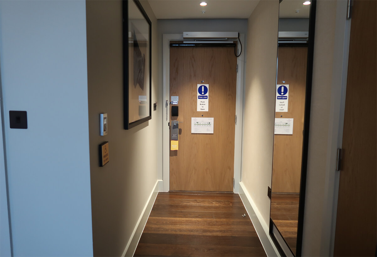 Hallway of our wheelchair accessible hotel room in Crowne Plaza Manchester.