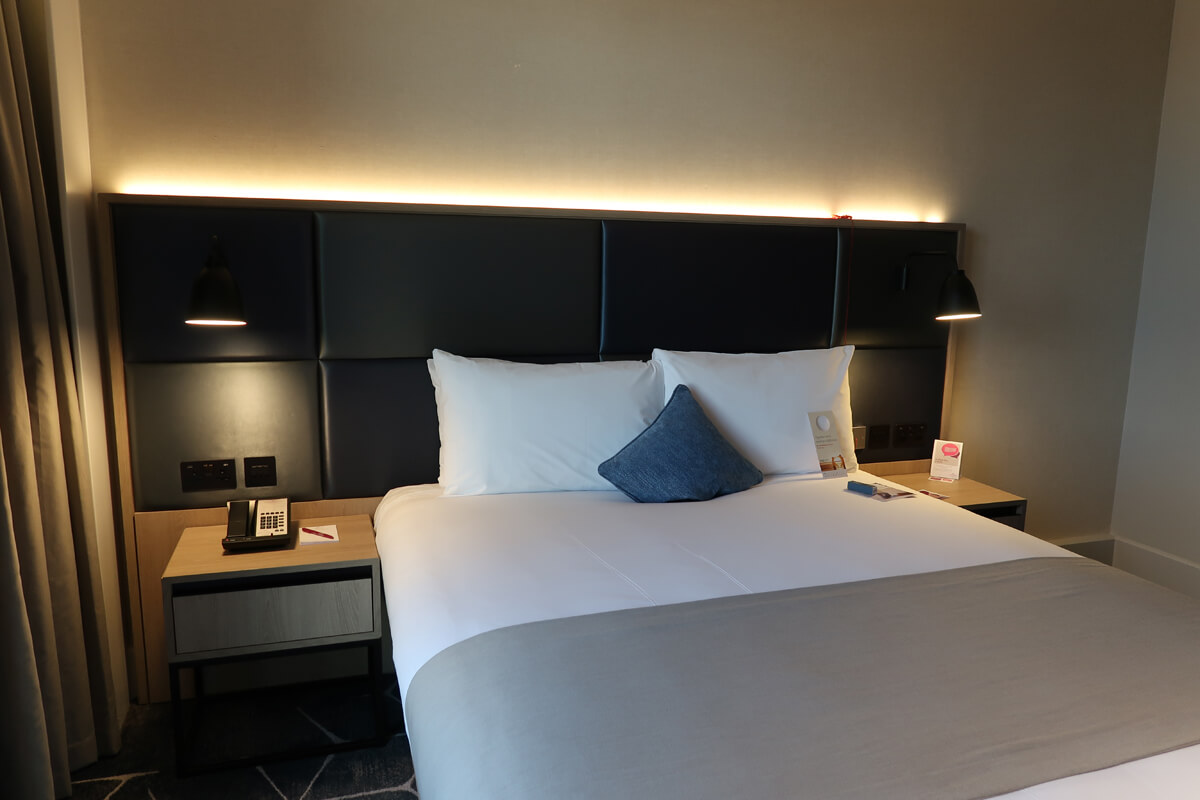 Close up of Queen sized bed.