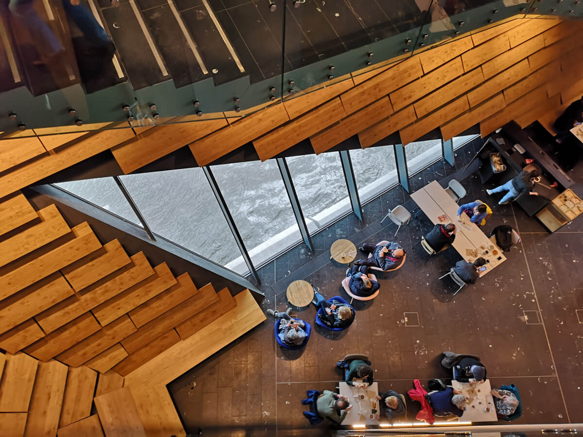 Looking down on V&A Dundee cafe from level 2.