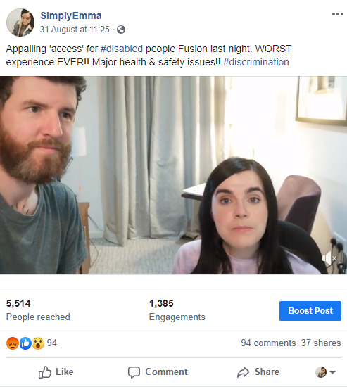 A screenshot of Emma and Allan's video complaint to Fusion Festival on Facebook.