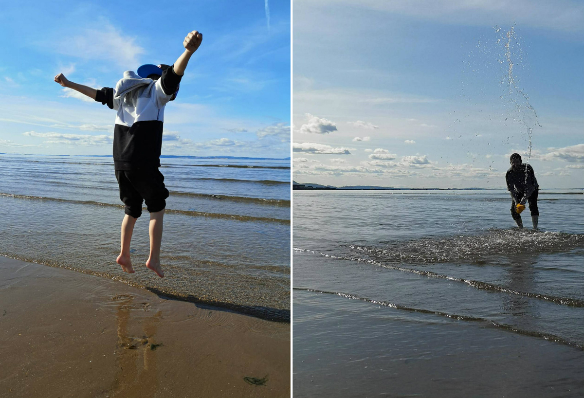 Photo collage: Little boy (Emma's nephew) has his back to the camera. He is jumping in the air jumping over the waves. A shot of Allan standing in the water throwing water in the air.