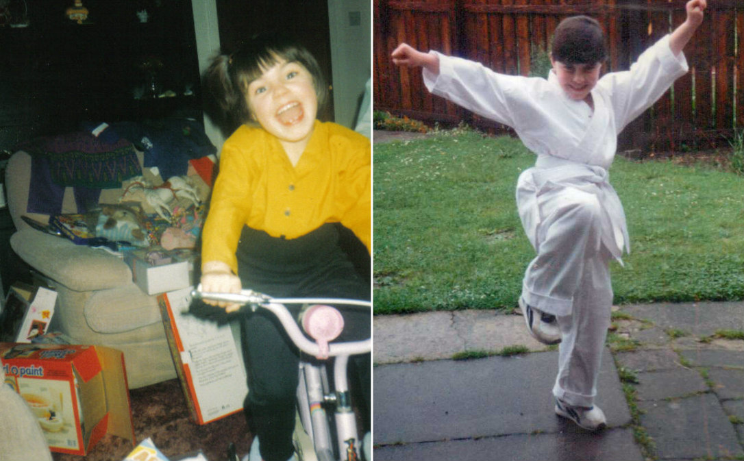 A college of two photos. The first photo is Emma around the age of 7 on her bike. The second photo is Emma wearing her Karate suit around the age of 8 or 9.