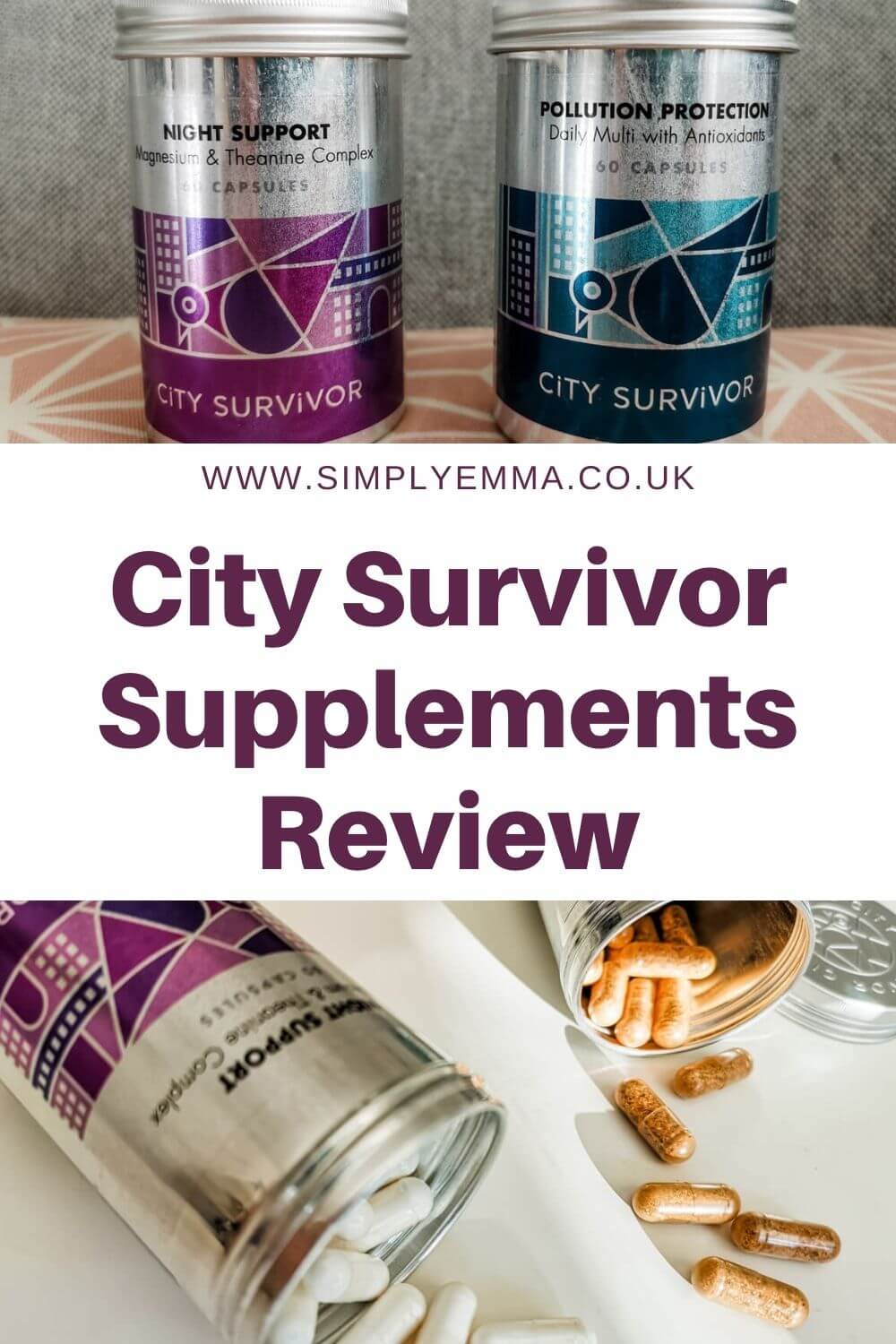Pinterest image showing two photos of the City Survivor supplements in metal tins. With text in the centre of the image "www.simplyemma.co.uk. City Survivor Supplements Review"