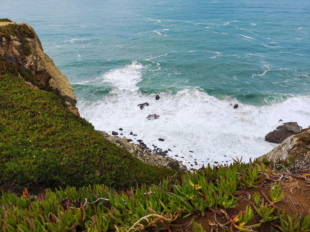 A view from above looking down at waves crashing against rocks. The water is bright blue and foliage can be seen on the ground.