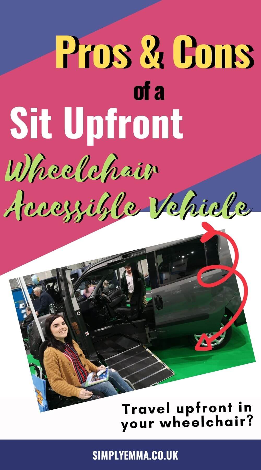 A Pinterest image showing text "Pros and Cons of a Sit Upfront Wheelchair Accessible Vehicle" alongside a photo of Emma, a white woman is sitting in her powered wheelchair next to a Infront Doblo wheelchair accessible vehicle (WAV). Emma is smiling at the camera and wearing blue skinny jeans, a camel coloured cardigan and stripey shirt.