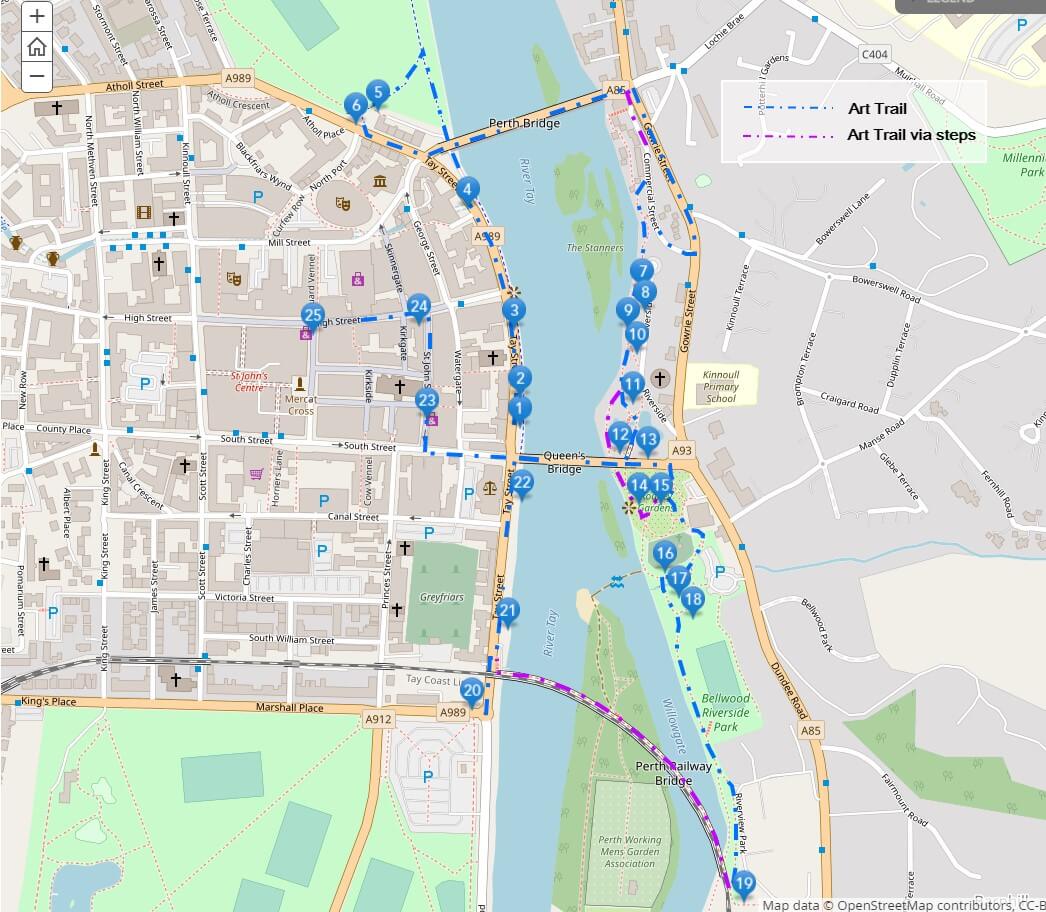 A map showing the accessible and inaccessible routes for the The River Tay Public Art Trail