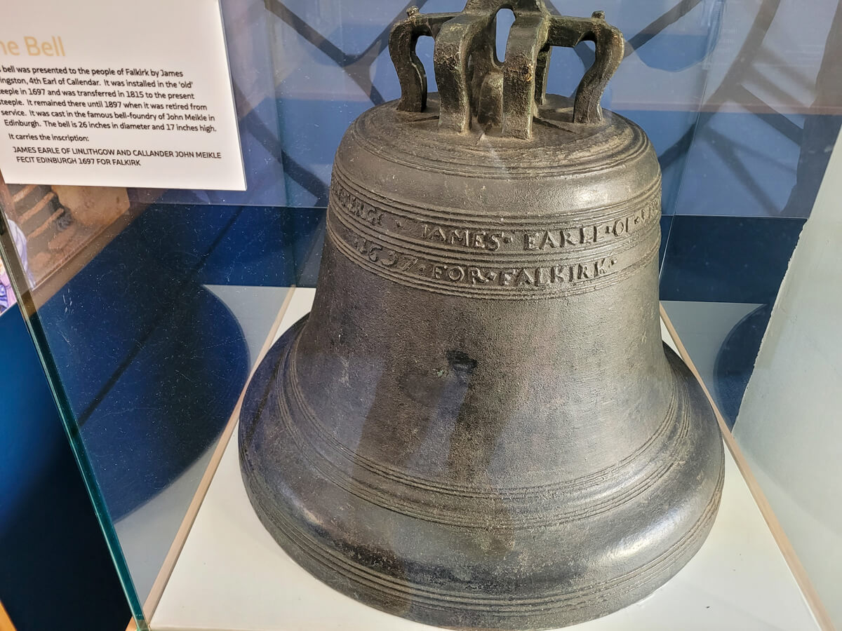 Falkirk Steeple bell in a display cabinet.