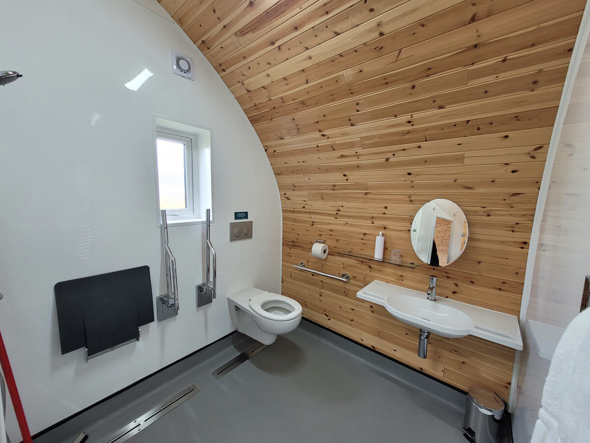 Wetroom bathroom in the wheelchair accessible glamping pod at Cayton Village Experience Freedom.