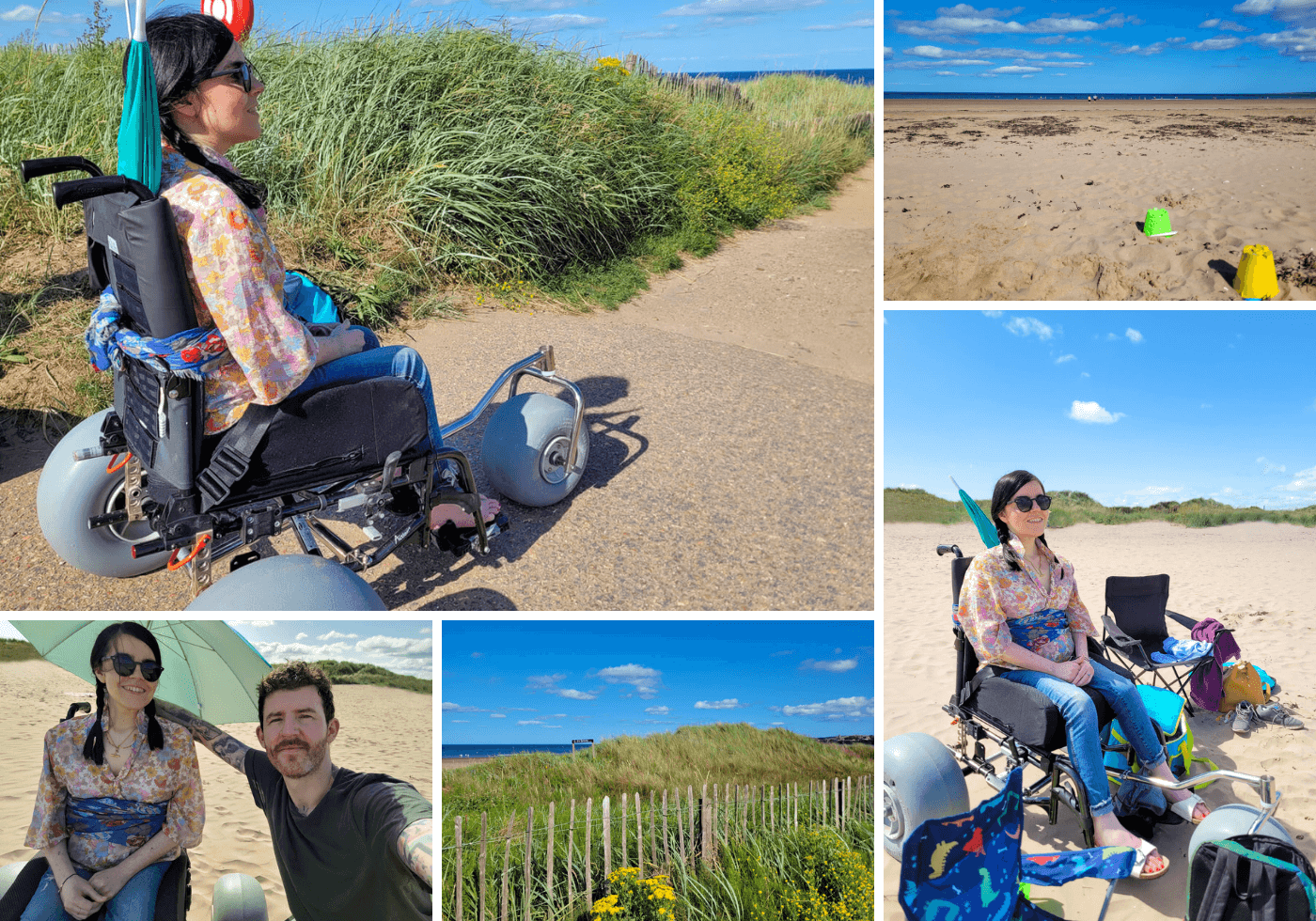 Collage of photos showing Emma in her beach wheelchair on St Andrews West Sands beach with her partner Allan.