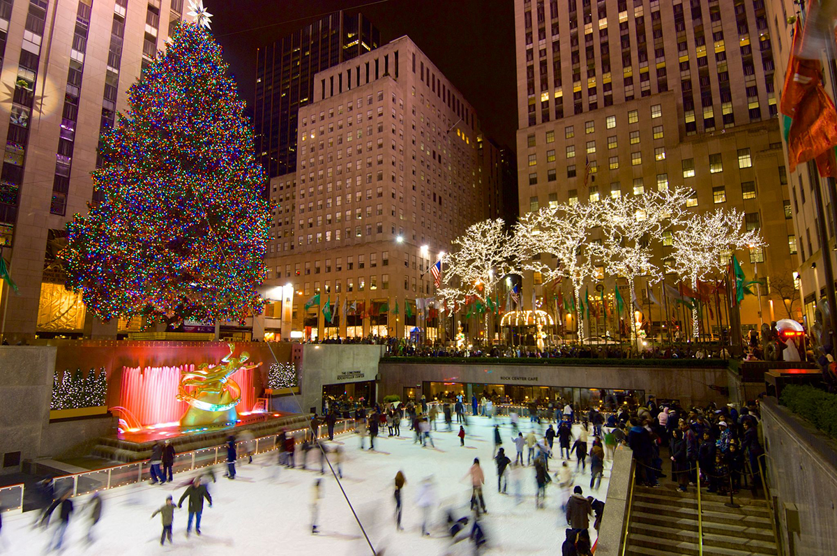 tourists and skaters in the famous Rockefeller Center during the Christmas holidays.