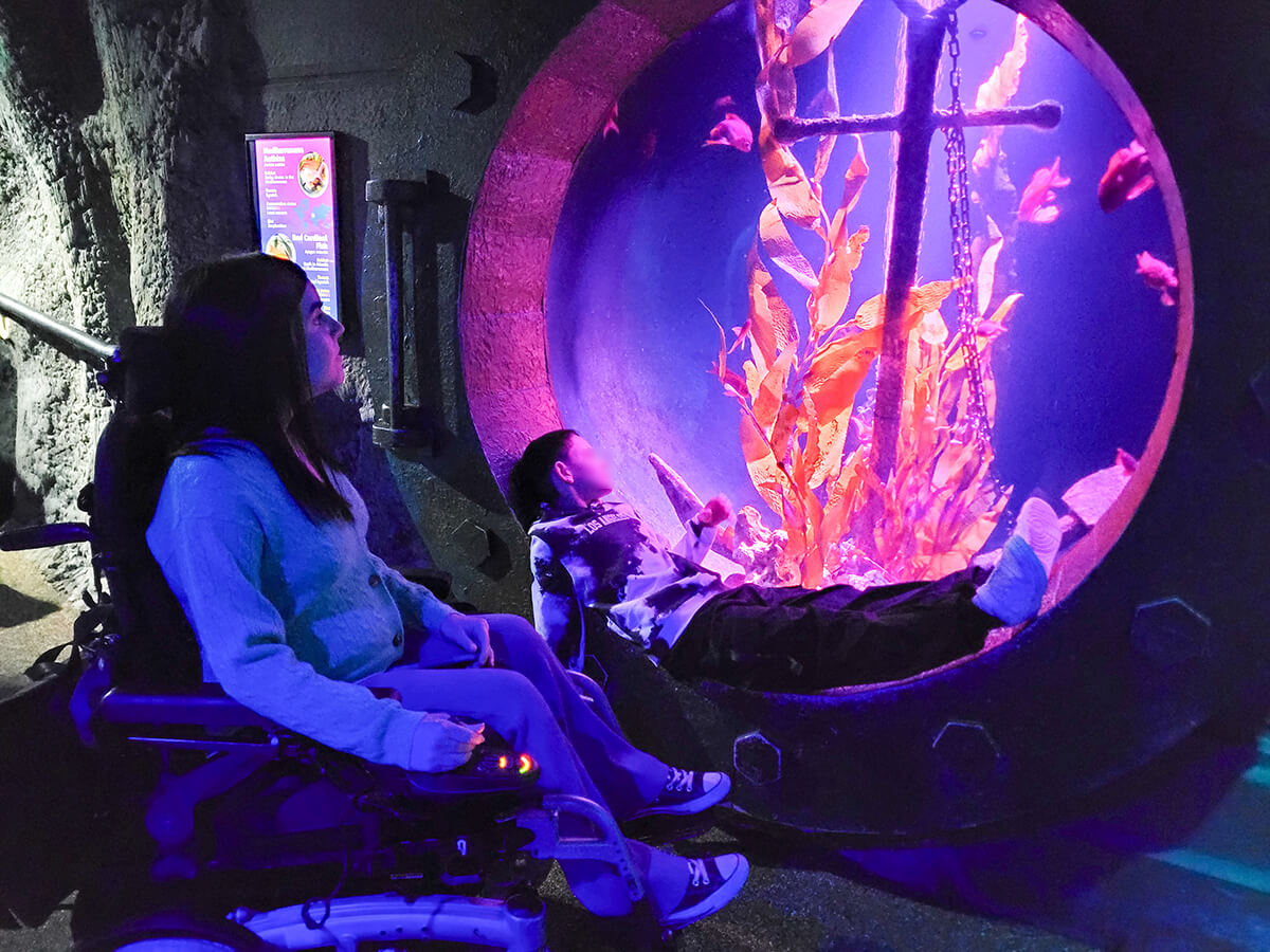 Emma sat in her wheelchair next to her nephew. They are both peacefully watching the fish at SEA LIFE London