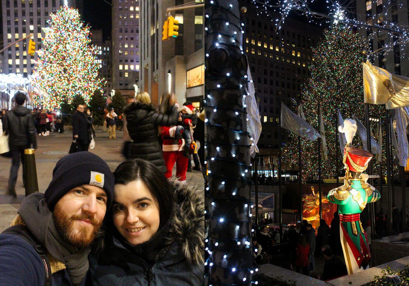 Photo collage. First photo is a selfie of Emma and Allan with the Rockefeller Christmas Tree behind them. The second photo is the Rockefeller Christmas Tree as well as twinkling lights and Christmas decorations.