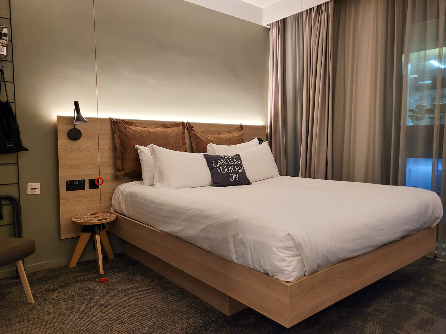 The king size bed in the accessible room at the Moxy Manchester City hotel.