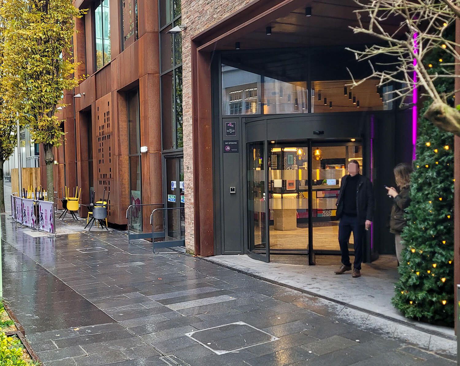 Exterior shot of the hotel entrance of the Moxy Manchester City hotel.