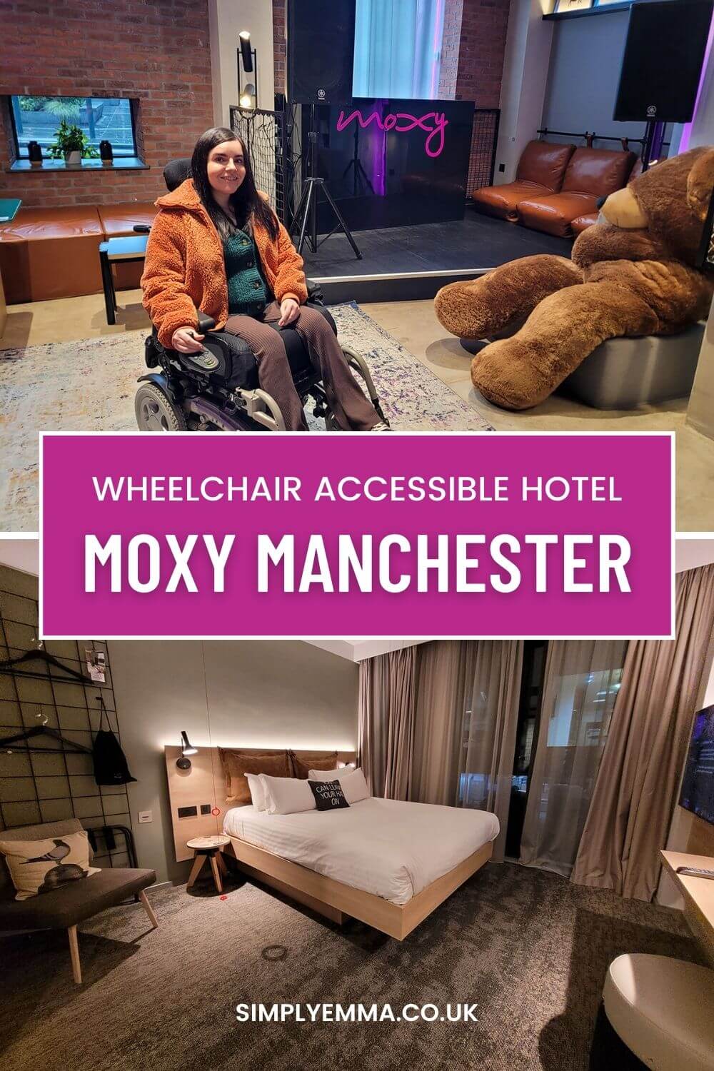 Pinterest image showing Emma sat in her wheelchair in the lobby/social space at the Moxy Manchester City hotel. She is wearing a dark green cardigan, brown flare trousers and an orange fluffy jacket and has long black hair. Text across image reads "Wheelchair Accessible Hotel Moxy Manchester City"