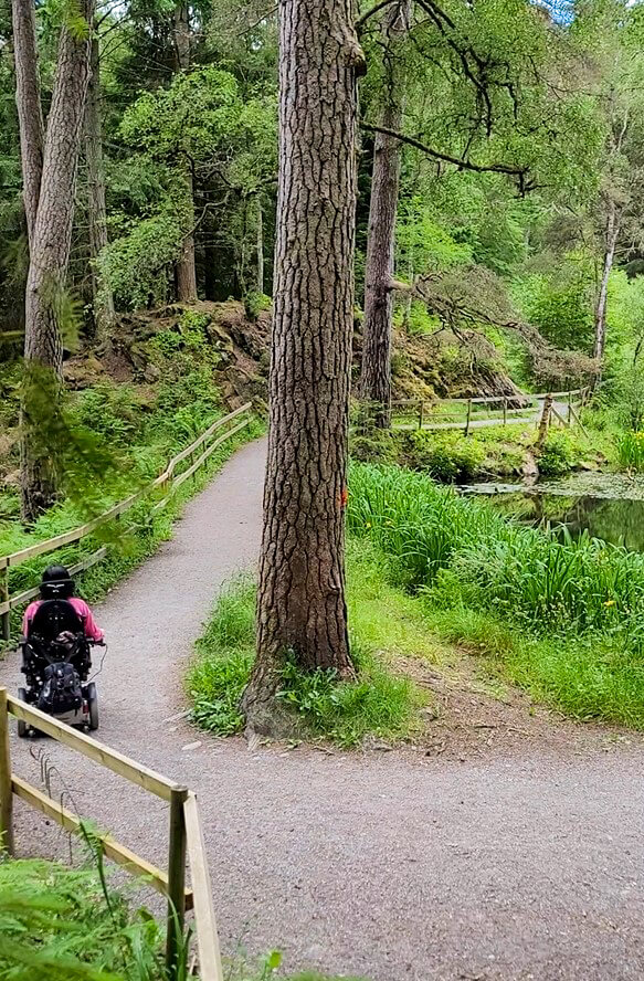 Emma in her powered wheelchair. She is driving across a on hard surface path in Faskally Woods.