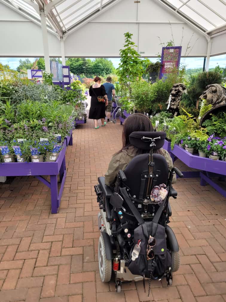 Emma, a wheelchair user looking for plants in the garden centre