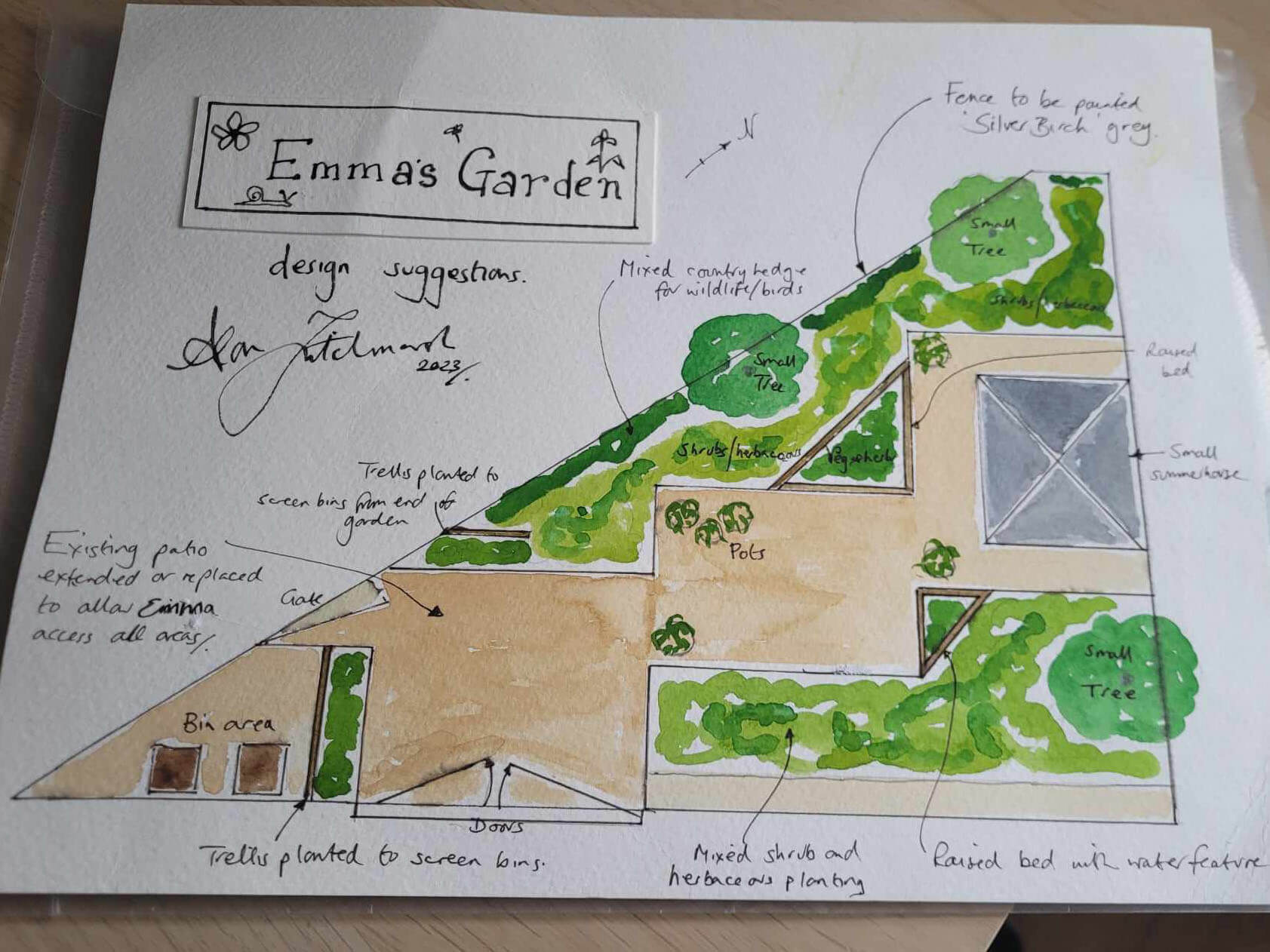 Watercolour painting of a Garden Design by Alan Titchmarsh