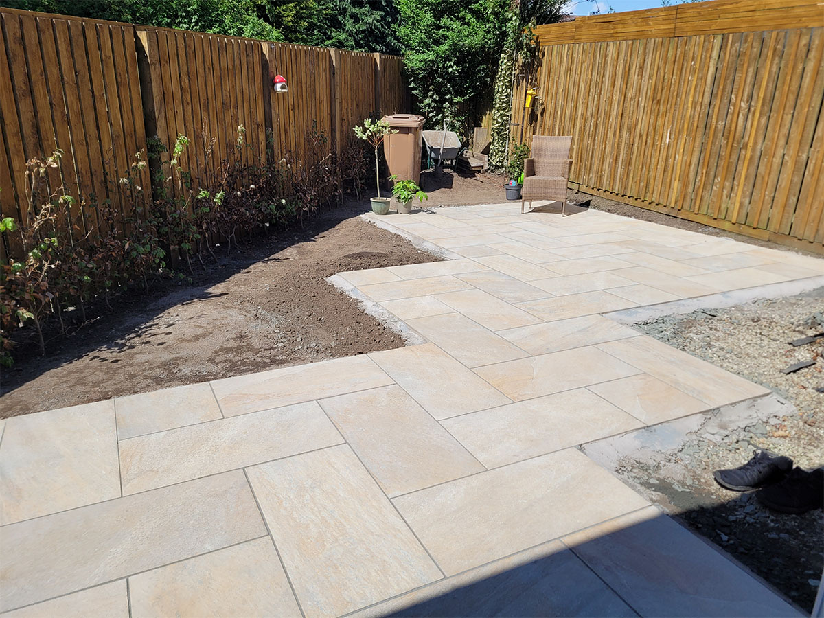 Emma's garden with the new paving installed.