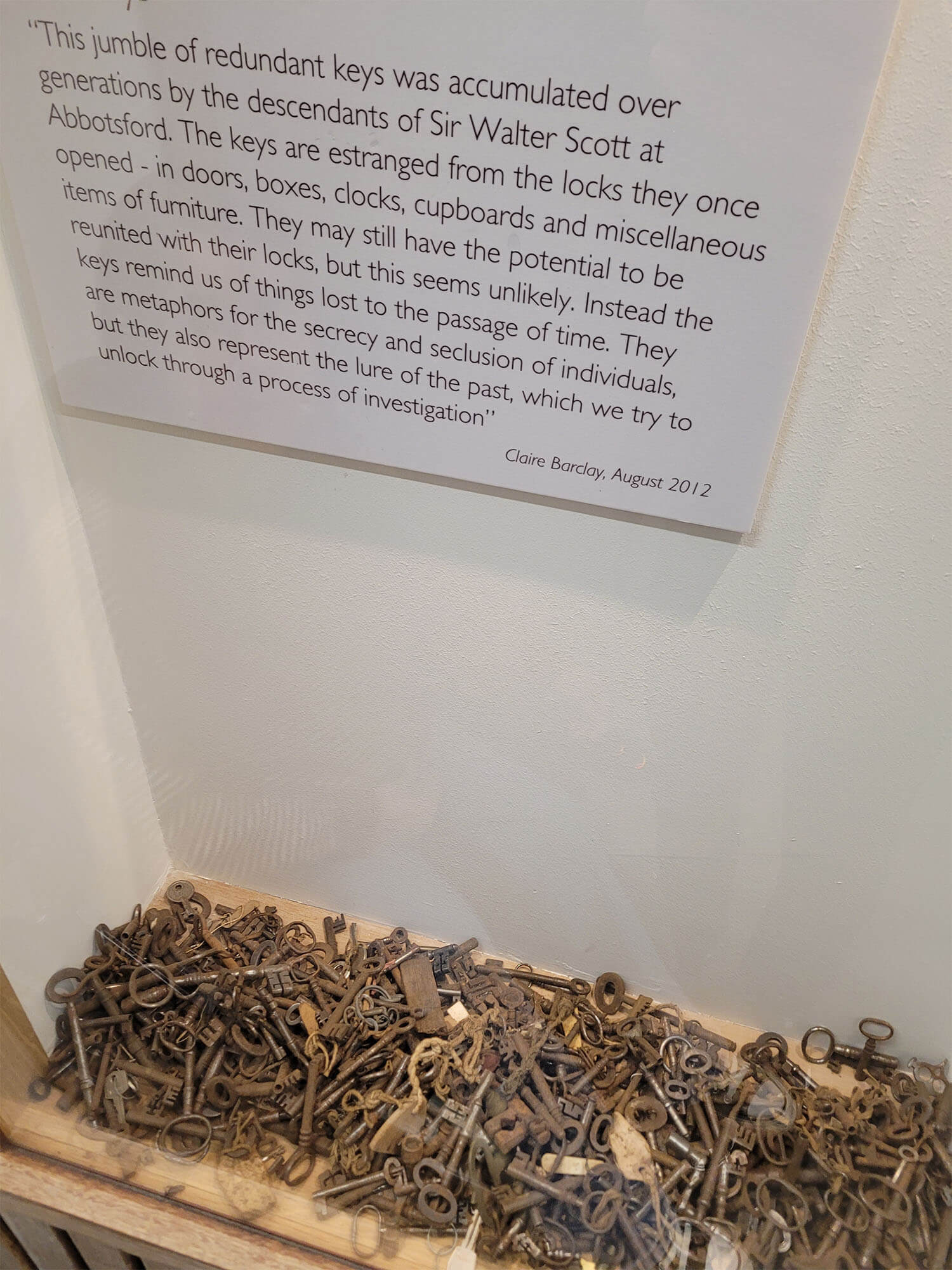 a display box filled with old, rusty keys that have been collected over generations by the descendants of Sir Walter Scott at Abbotsford