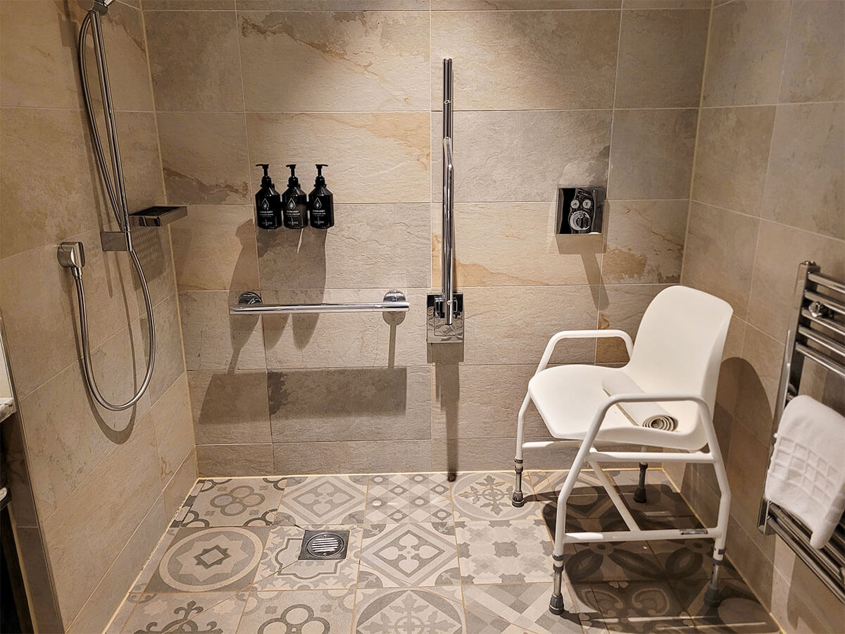 Hotel Indigo Durham accessible bathroom with roll-in shower